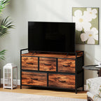 Commode, meuble de rangement avec 5 tiroirs en tissu pliables, plateau et cadre en acier, 98 x 29 x 63 cm, brun rustique-9