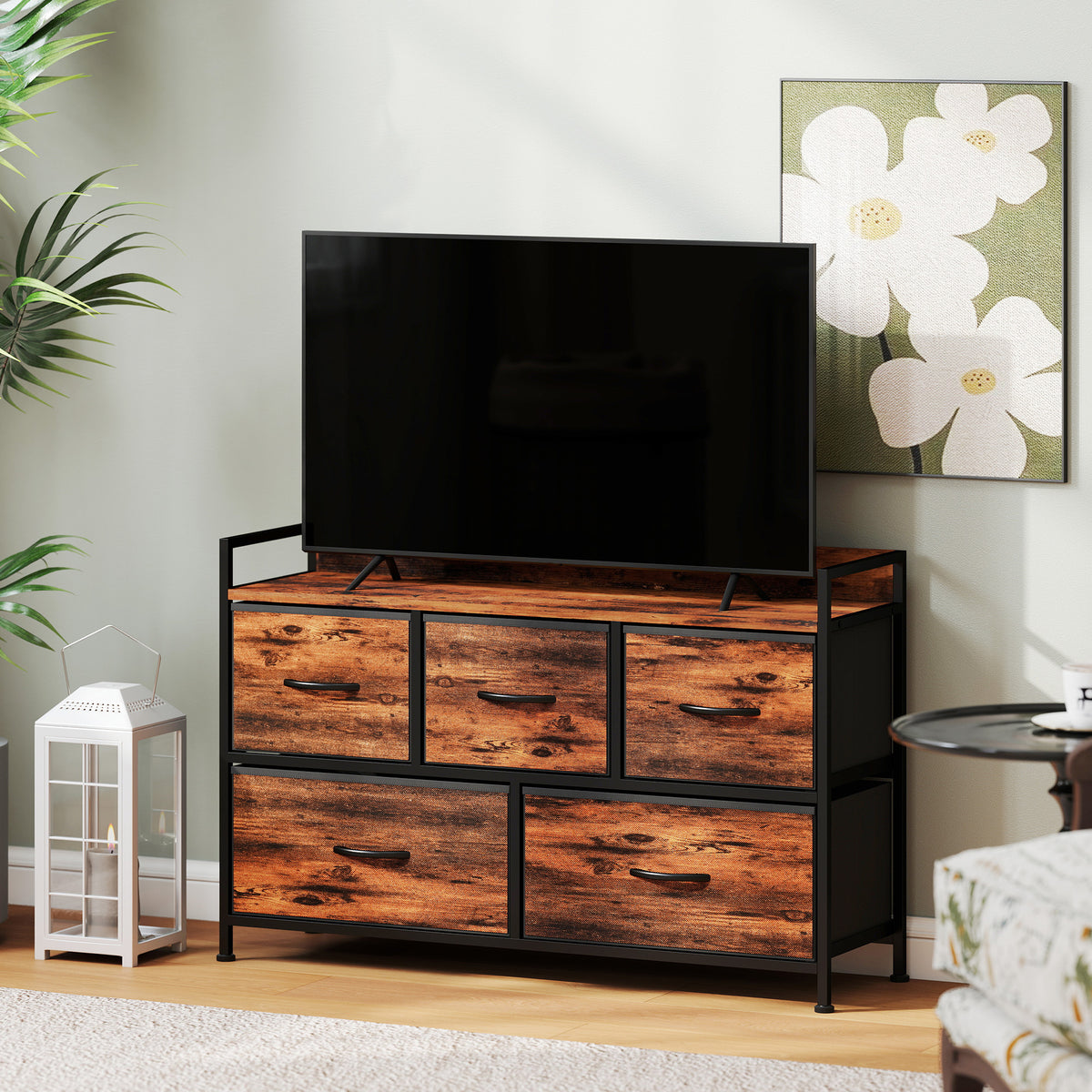 Commode, meuble de rangement avec 5 tiroirs en tissu pliables, plateau et cadre en acier, 98 x 29 x 63 cm, brun rustique-9