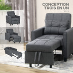 Fauteuil convertible 1 place 3 en 1 dossier réglable en 3 positions oreiller inclus 2 poches latérales 69x82x85cm gris-5