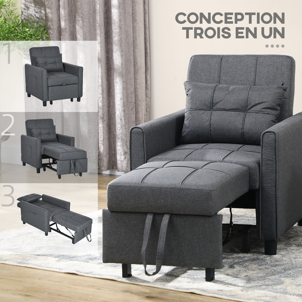 Fauteuil convertible 1 place 3 en 1 dossier réglable en 3 positions oreiller inclus 2 poches latérales 69x82x85cm gris-5