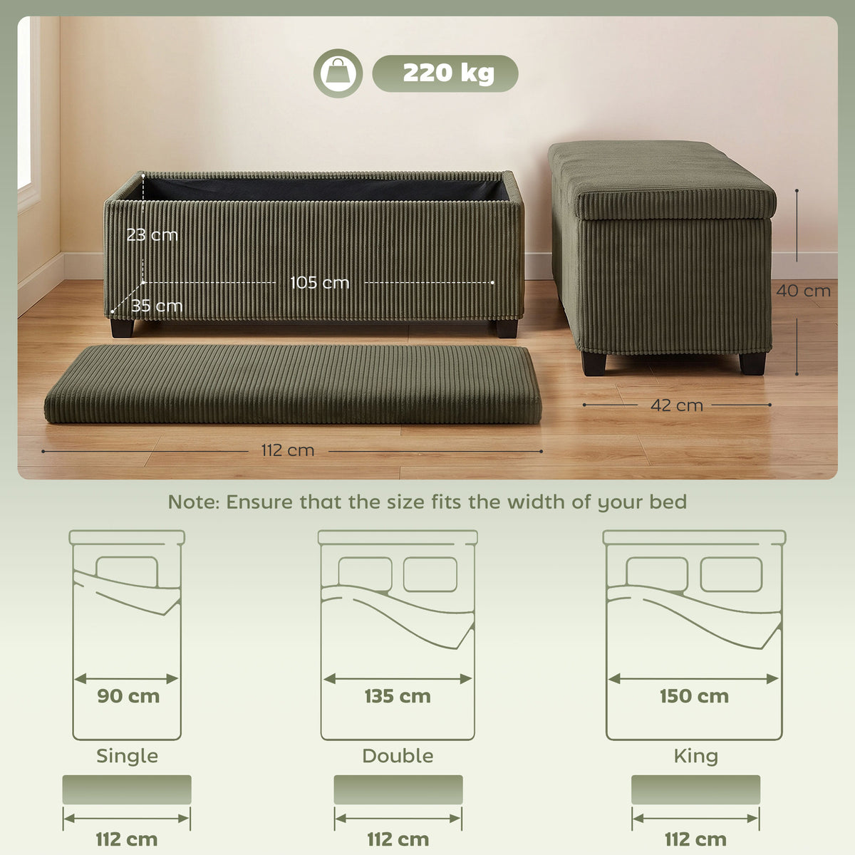 Banc de Rangement, Bout de Lit en Velours Côtelé avec Couvercle, pour Salon, Chambre, Entrée, 112x42x40 cm, Vert Clair-2