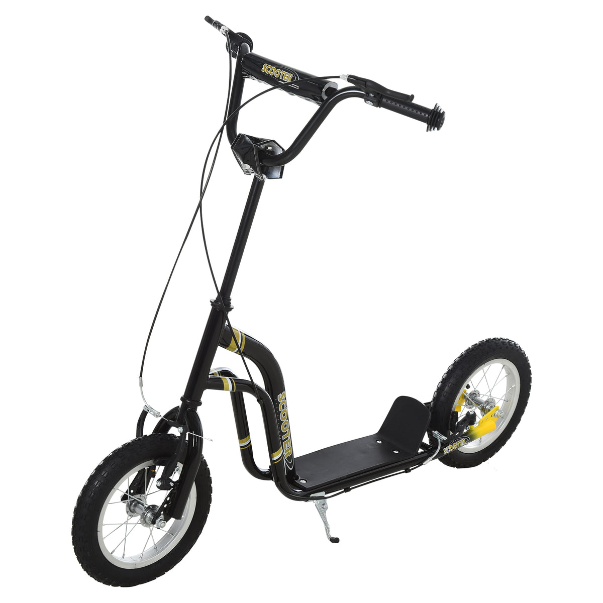 Trottinette enfants, grandes roues pneumatiques 12 pouce en caoutchouc, charge 100 kg, trottinette tout terrain avec double freins, hauteur réglable et béquille latérale, 5 à 12 ans, noir-0