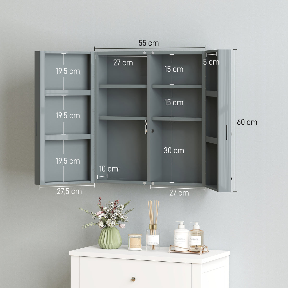 Armoire à pharmacie 6 étagères avec serrure et 2 clés de sécurité, 55x18x60 cm, gris-2