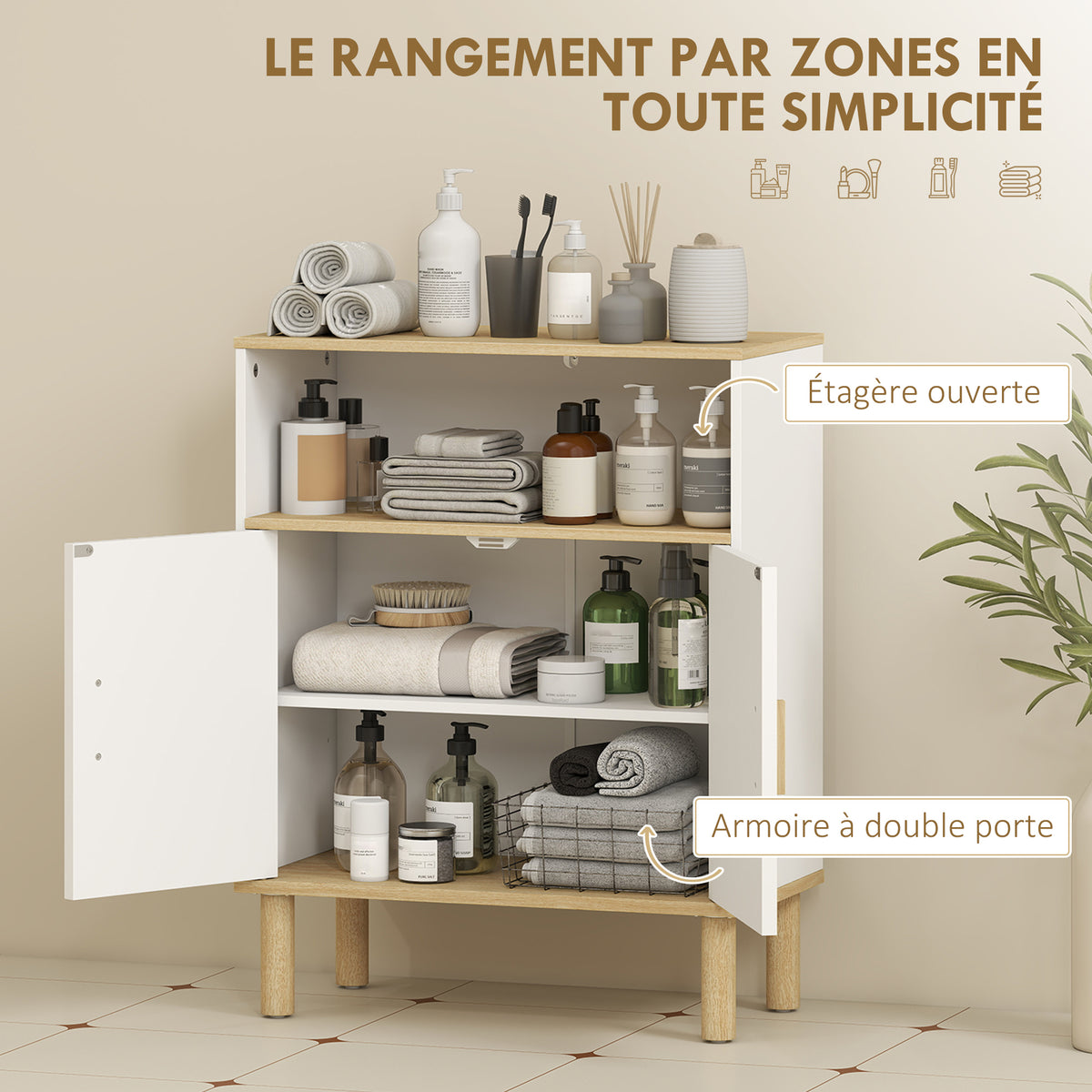 Meuble de salle de bain, meuble de rangement avec 2 portes, compartiment ouvert, étagère réglable, 60x29,5x76,5cm, blanc-3