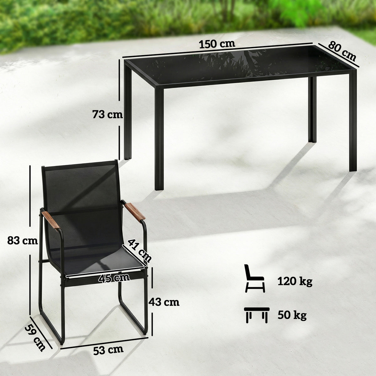 Ensemble de Salle à Manger d'Extérieur 7 Pièces pour 6 Personnes, Table en Verre et Chaises avec Accoudoirs Décoratifs, Maille Résistante aux Intempéries, Noir-2