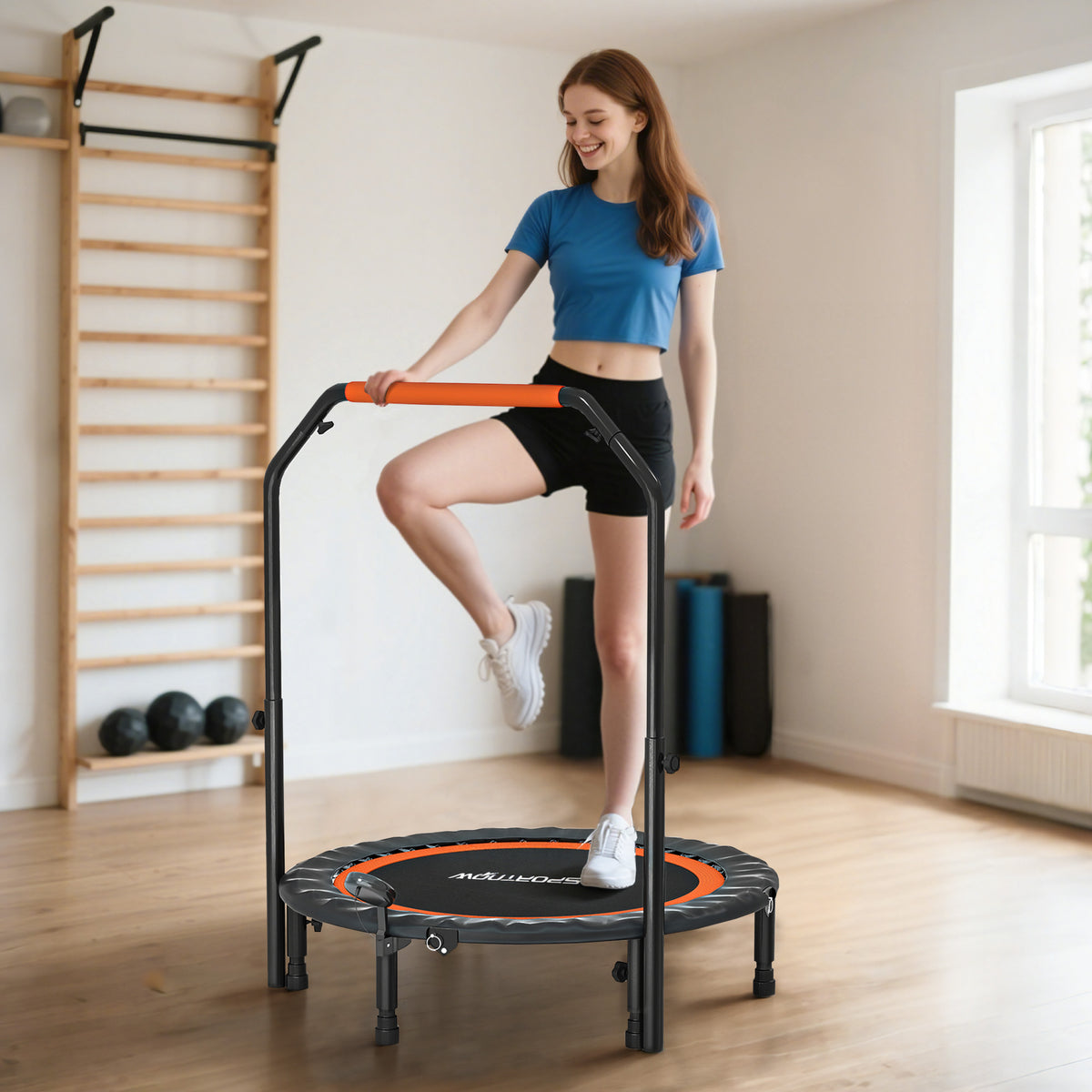 Trampoline de fitness gymnastique avec poignée réglable, pliable, 6 pieds, 28 ressorts Ø 102 cm, noir rouge-1