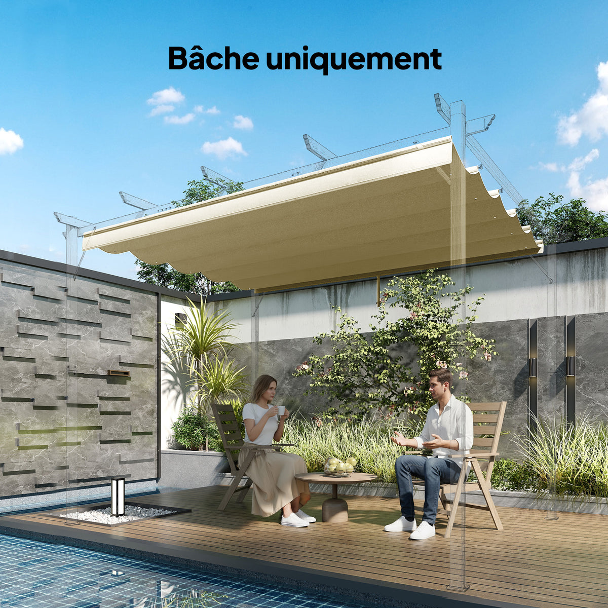 Toile de toit pour pergola tonnelle rétractable de 3 x 3 m - toile uniquement 250 x 255 cm beige-9