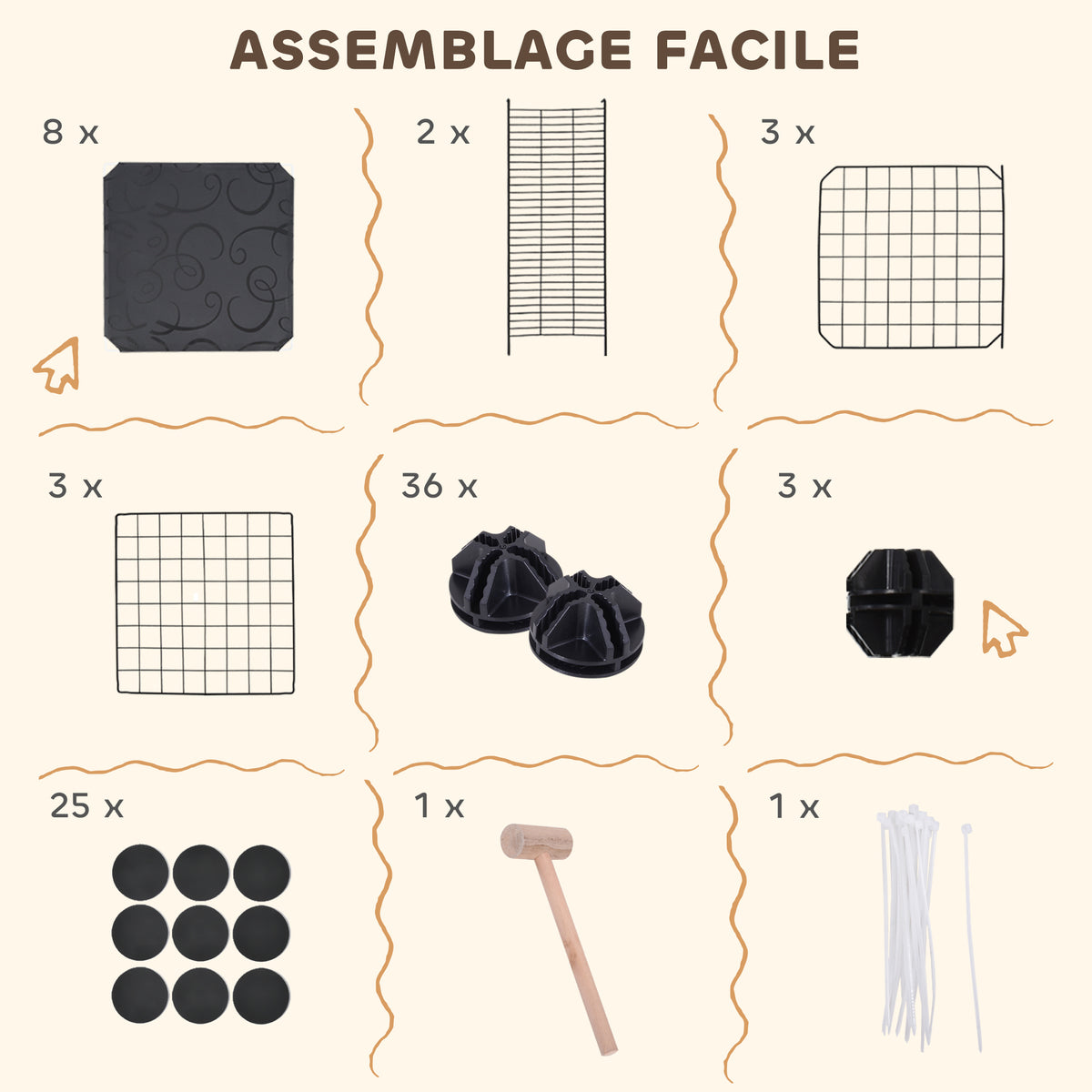 Enclos pour petits animaux, cage à lapin modulable 3 niveaux, 39 panneaux avec rampes, en métal, 70 x 70 x 105 cm, noir-4