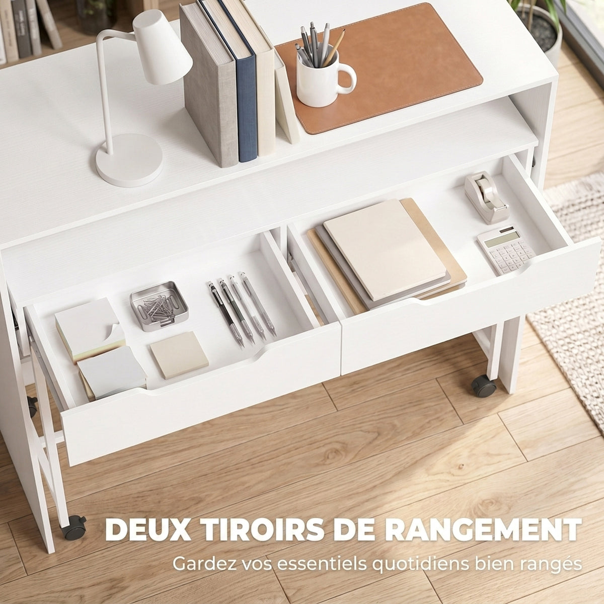 Bureau d'Ordinateur Extensible 100 cm avec 2 Tiroirs, Bureau avec Rangement, Style Moderne, Blanc-5