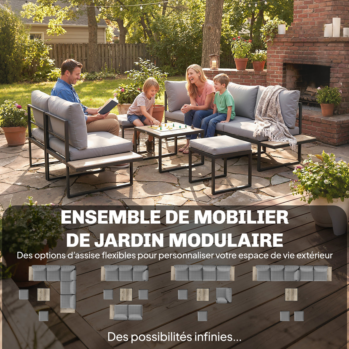 Salon de jardin extérieur 6 personnes modulable table basse et plateaux latéraux en bois PSPC coussins épais 10cm gris-3
