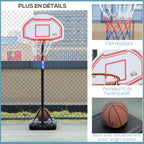 Panier de basket extérieur avec poteau panneau, base de lestage sur roulettes hauteur réglable 2,1-2,6 m (panier) - acier, noir blanc et rouge-6