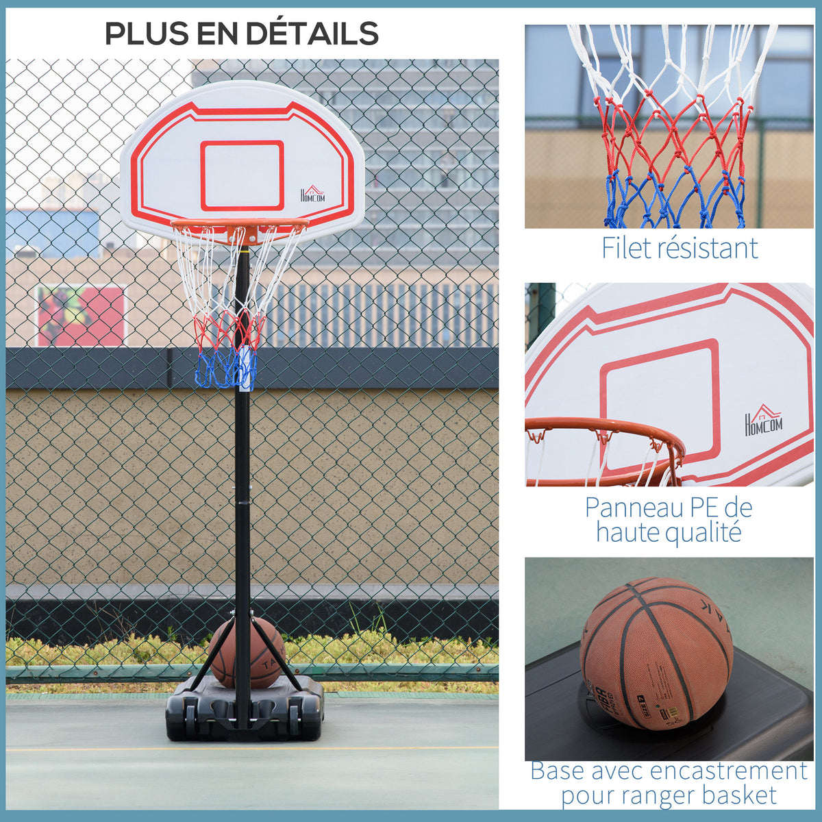 Panier de basket extérieur avec poteau panneau, base de lestage sur roulettes hauteur réglable 2,1-2,6 m (panier) - acier, noir blanc et rouge-6