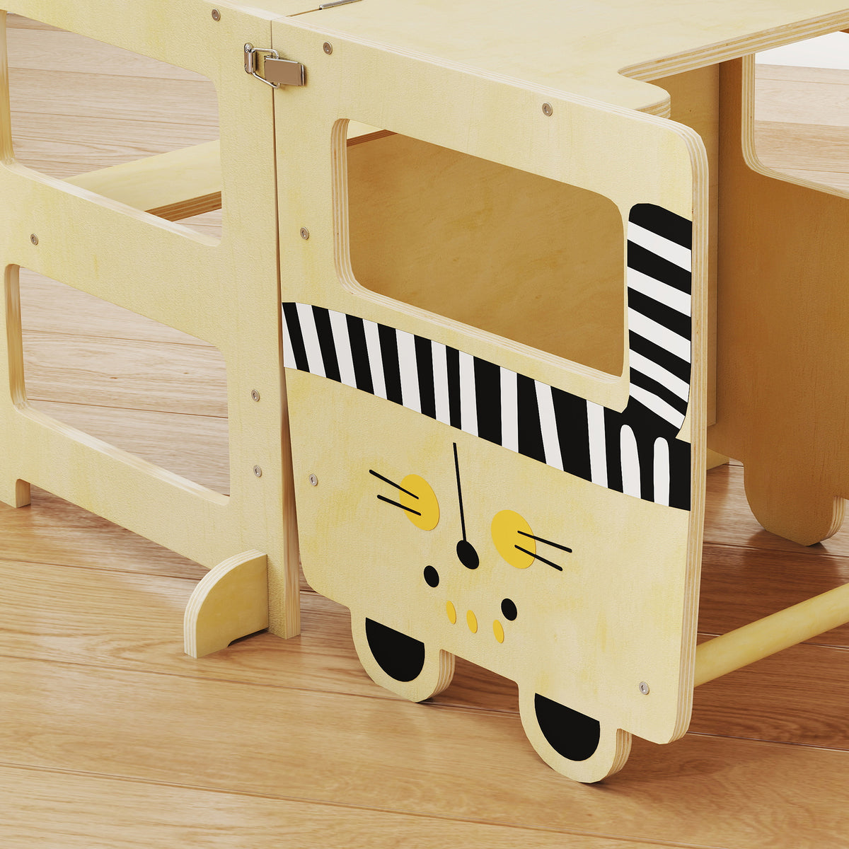Tour d'Apprentissage Enfant 3 en 1, Tour d'Observation Enfant Pliable avec Tableau Noir, Motif Chat, Naturel-7