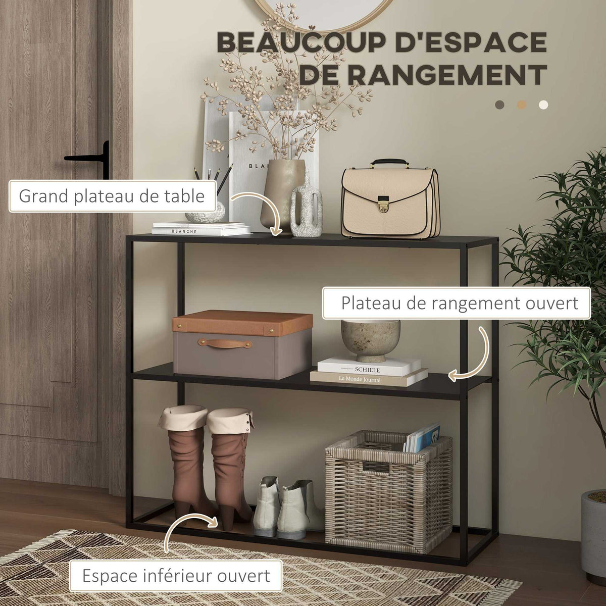 Table console table d'appoint d'entrée minimaliste industrielle 2 étagères 90 x 30 x 75 cm acier noir-3