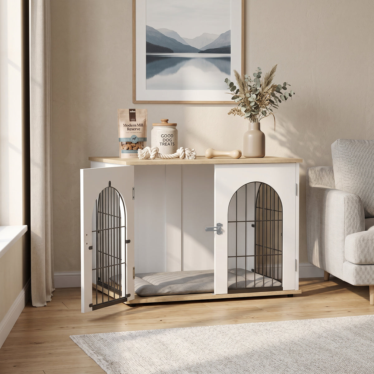Cage pour Chien Meuble Cage Chien Intérieur Arche avec Double Porte comme Table d'Appoint en Métal 80x56x59cm Blanc-1