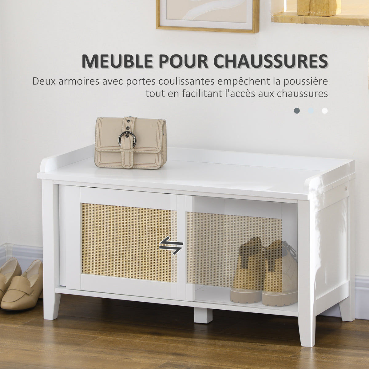 Banc à chaussures meuble de rangement avec porte coulissante et façades rotin tissé 80 x 35 x 45 cm blanc-4
