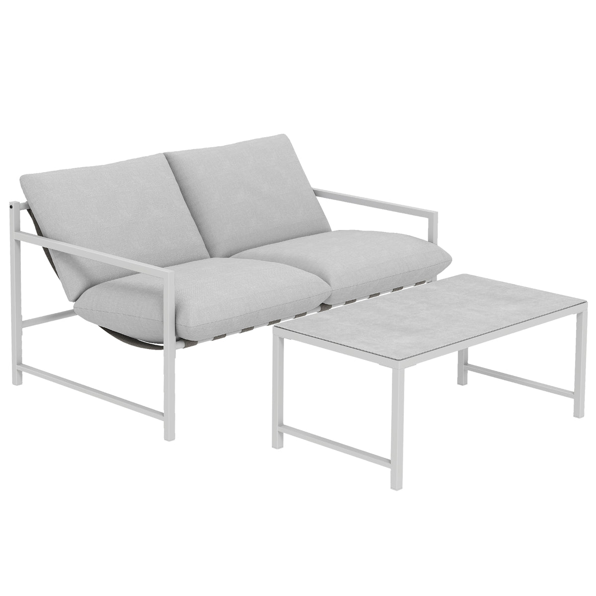 Salon de Jardin Extérieur 2 Pièces, Canapé avec Coussins, Table Basse en Verre Trempé Marbré 3D, 125x80x64cm, Gris Clair-0