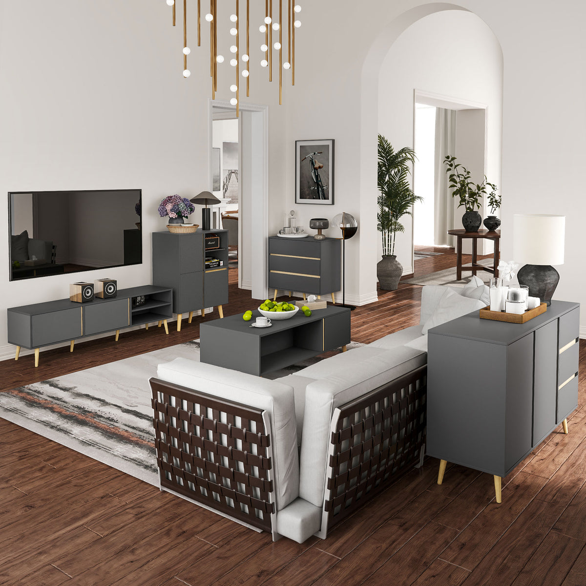 Meuble TV pour télévision jusqu'à 55 pouces scandinave 2 portes 2 niches avec passe-câbles 150 x 35 x 45 cm gris foncé-8