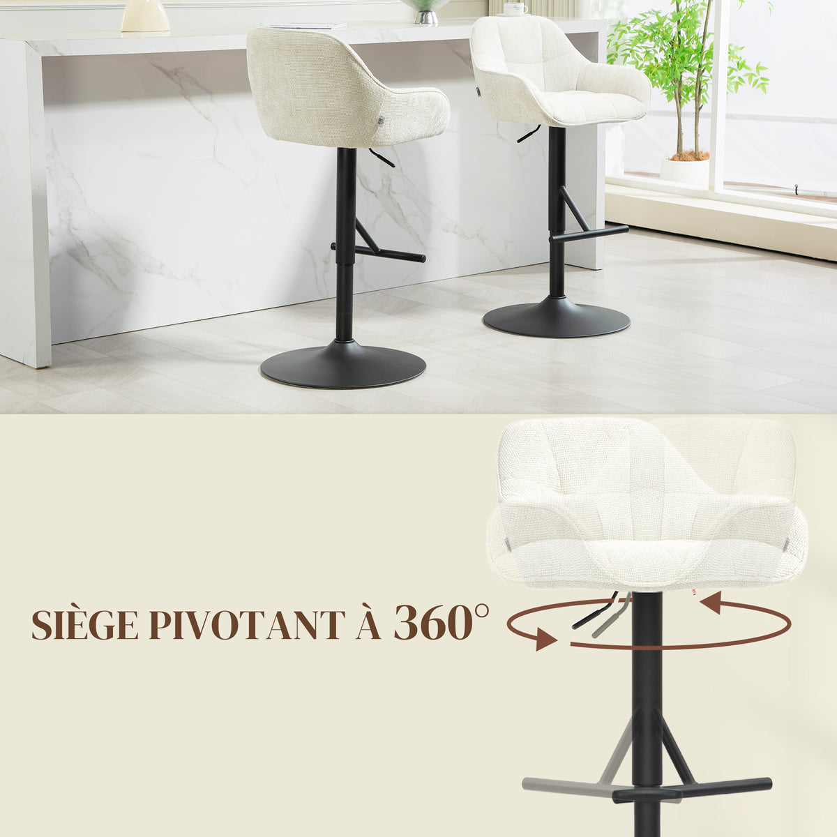 Lot de 2 tabourets de bar chaises de bar hauteur réglable tissu effet lin et base en acier 52,5 x 53 x 86,5-108 cm crème-5