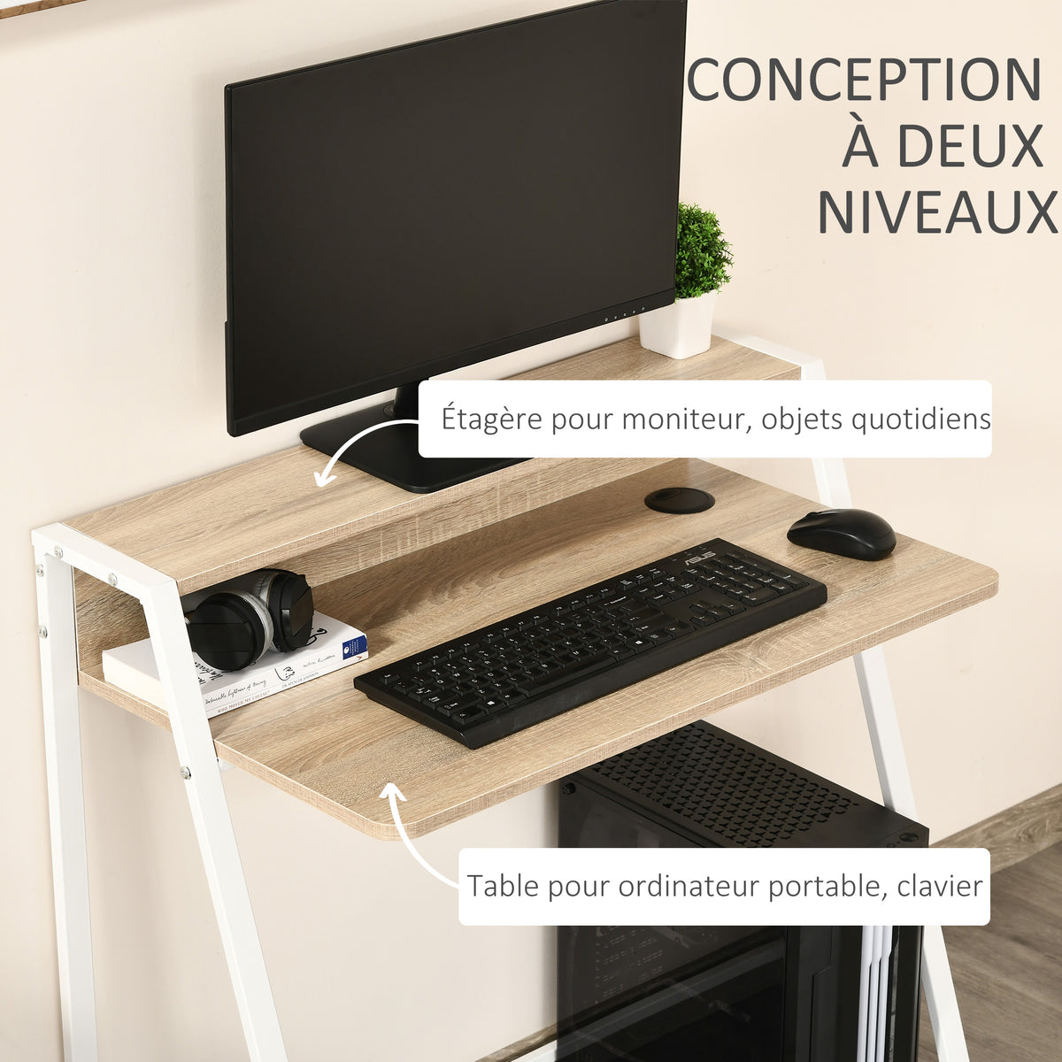 Bureau Informatique Table Ordinateur d'étude dim. 84L x 45l x 85H cm Style Simple en Bois chêne Clair Blanc-4