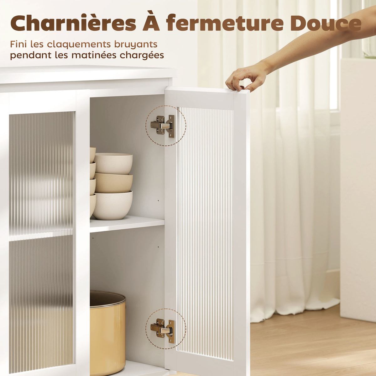 Buffet salon, meuble de rangement avec 4 tiroirs et 2 portes en verre trempé, étagère réglable, 120 x 40 x 91 cm, blanc-6