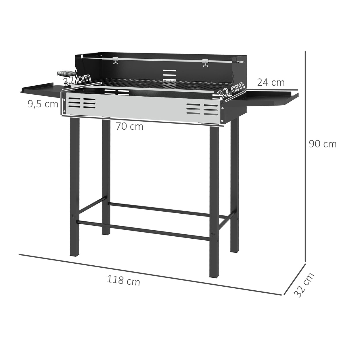 Barbecue charbon de bois BBQ avec grille de gril à 3 niveaux et étagères latérales pliables, 118 x 32 x 90 cm, noir-2