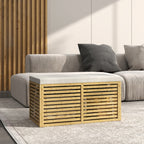Banc de rangement, coffre de rangement rembourré en tissu aspect lin, couvercle et structure en bambou, gris et naturel-1