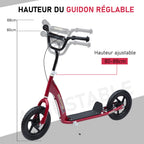 Trottinette enfant patinette pneus 30 cm Hauteur Guidon réglable poignée Frein et béquille Acier pour enfants à partir de 5 ans Rouge-4