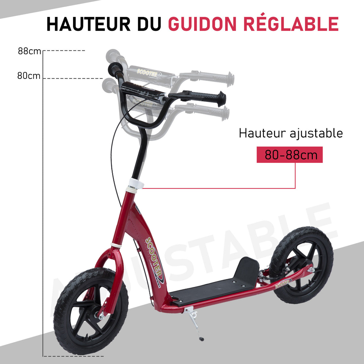 Trottinette enfant patinette pneus 30 cm Hauteur Guidon réglable poignée Frein et béquille Acier pour enfants à partir de 5 ans Rouge-4