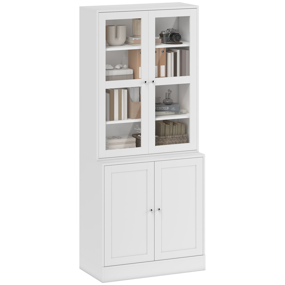 Bibliothèque Vitrine, Meuble de Rangement à 6 Niveaux avec 4 Portes dont 2 en Verre Trempé, Étagères Réglables, Style Moderne, pour Salon, Bureau, Chambre, 76 x 40 x 178,5 cm, Blanc-0