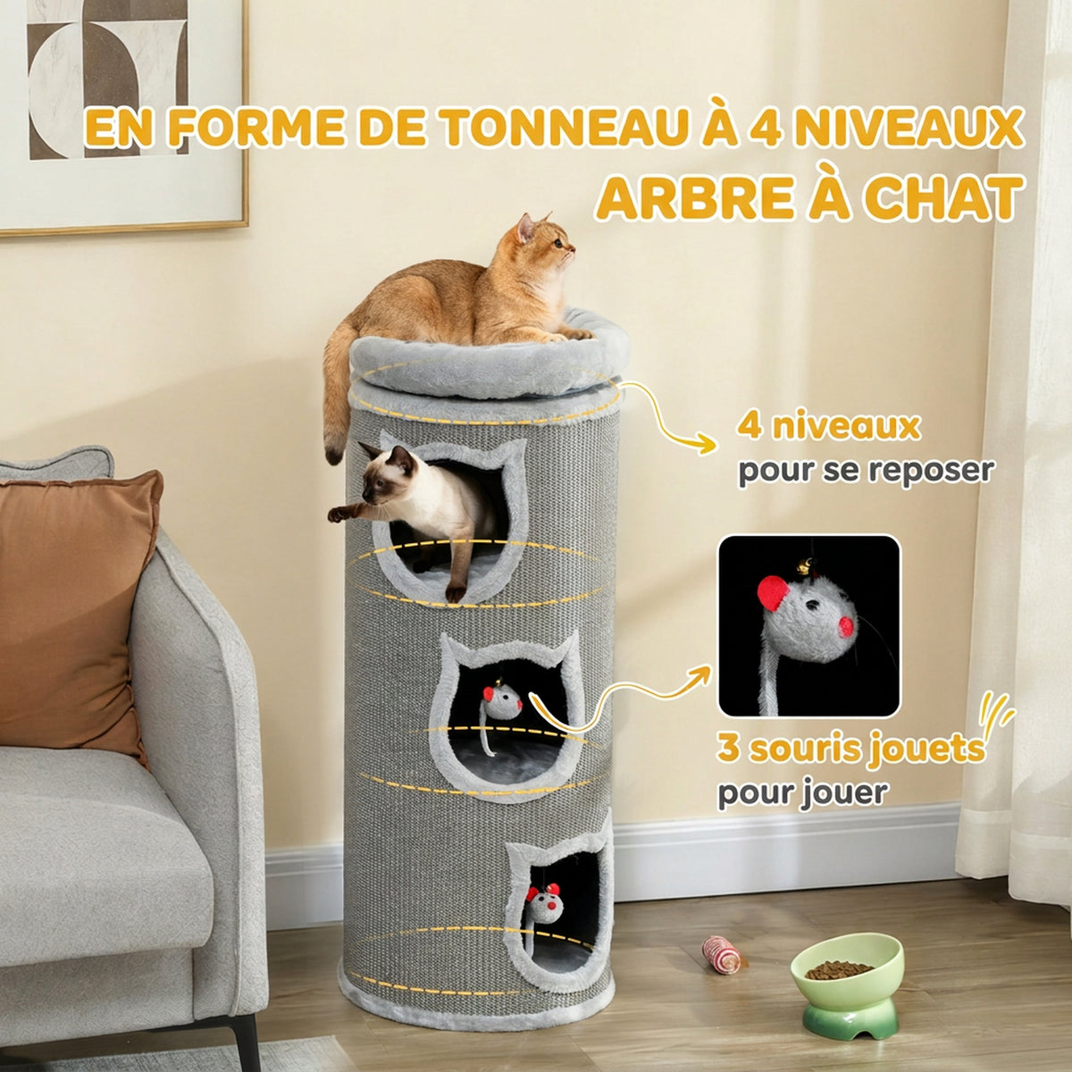 Tonneau à gratter, tour à griffer en sisal et bord en peluche, 3 niveaux avec plate-forme, stable, Ø 38 x 96 cm gris-3