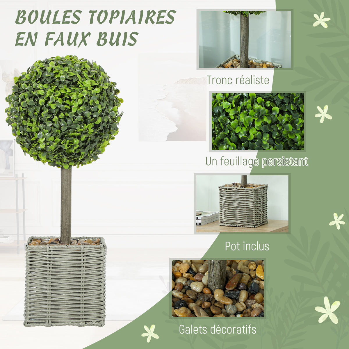 Lot de 2 plantes artificielles décoratives, boules de buis artificiel 50 cm avec pot en plastique tressé et galets, vert-3