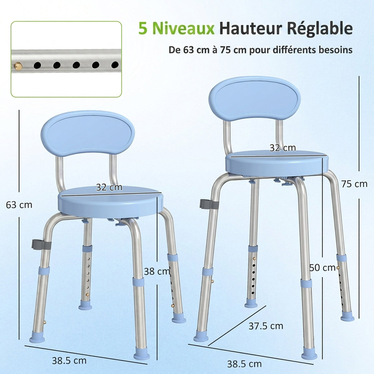 Tabouret de Douche Ronde Pivotant 360°, Hauteur Réglable, Dossier, Pieds Antidérapants, 38,5x37,5x75cm, Bleu Clair-2