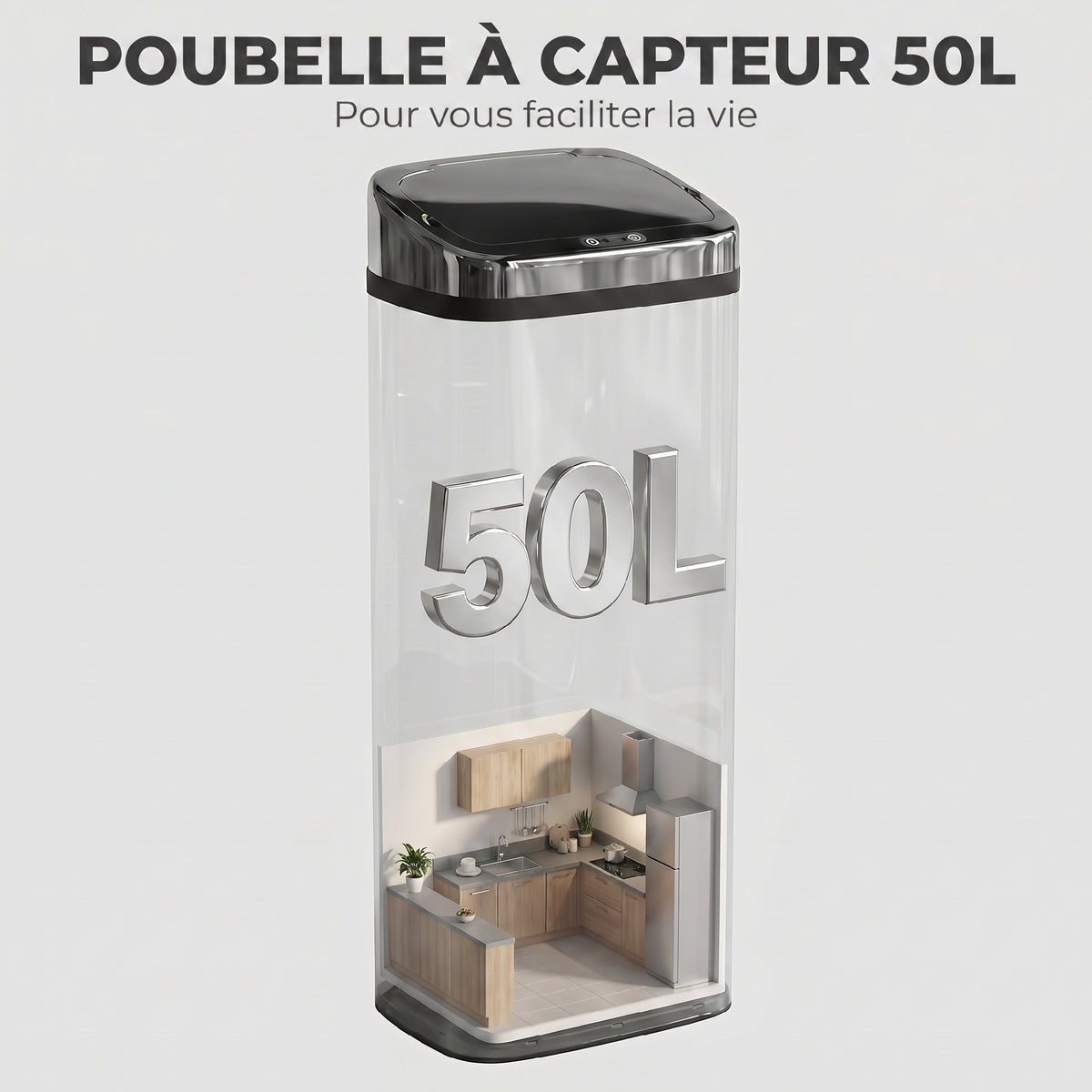 Poubelle à capteur de mouvement ouverture automatique 1 bac de 50 L en acier inoxydable-3