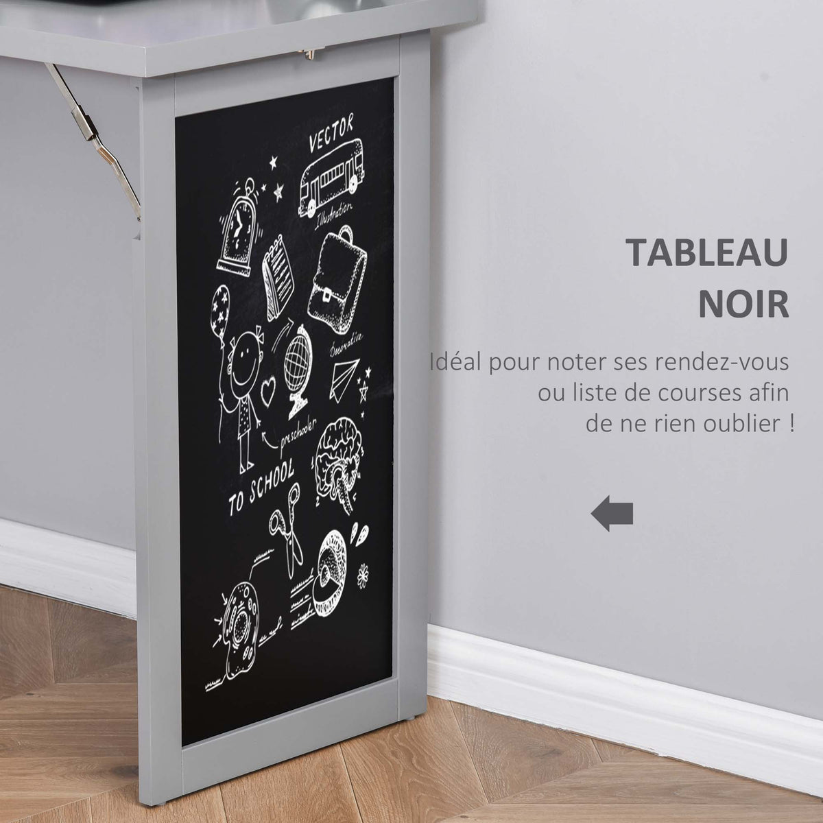 Bureau avec rangement pliable murale rabattable avec bibliothèque poste de travail tableau à craie et étagère réglable-6