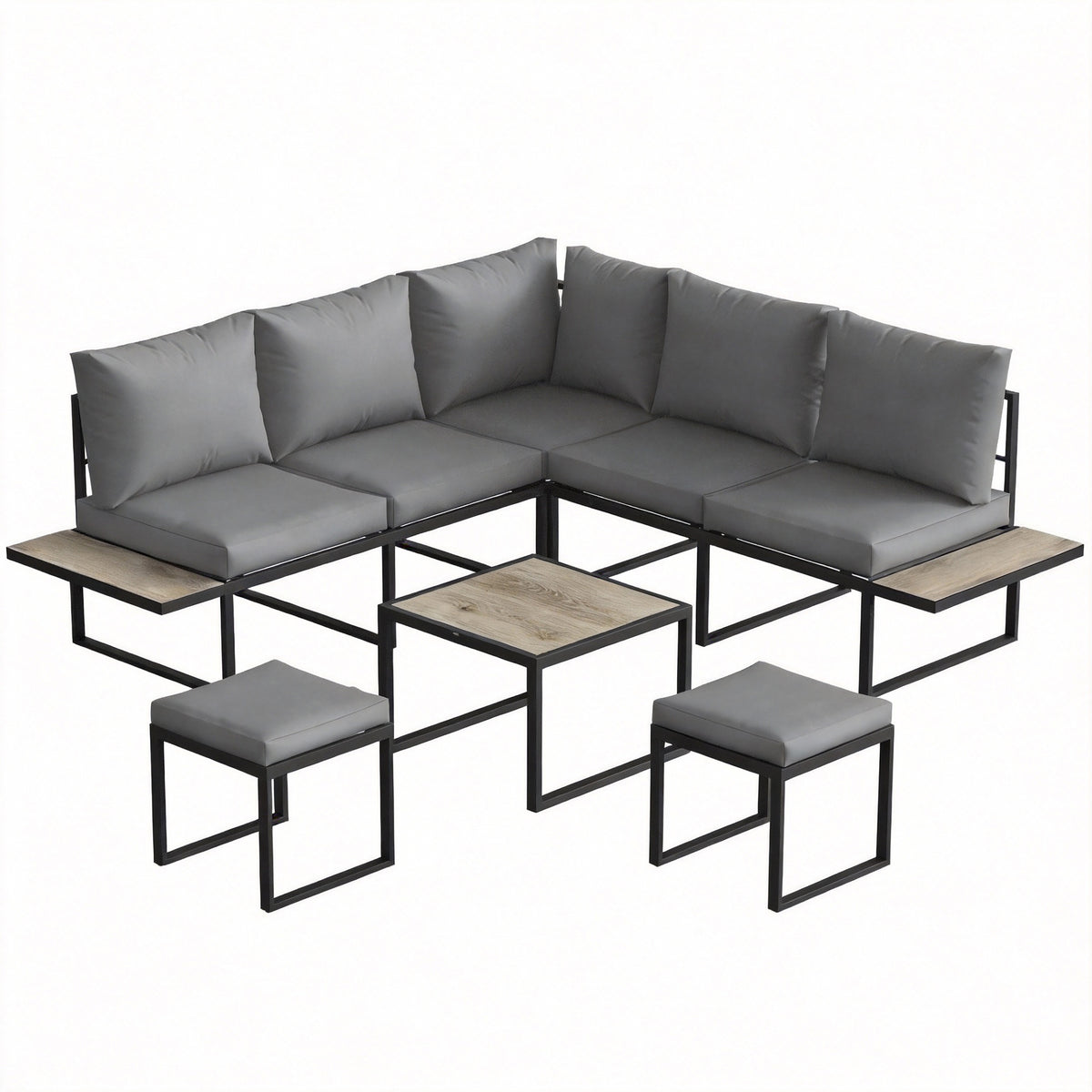 Salon de jardin extérieur 6 personnes modulable table basse et plateaux latéraux en bois PSPC coussins épais 10cm gris-0