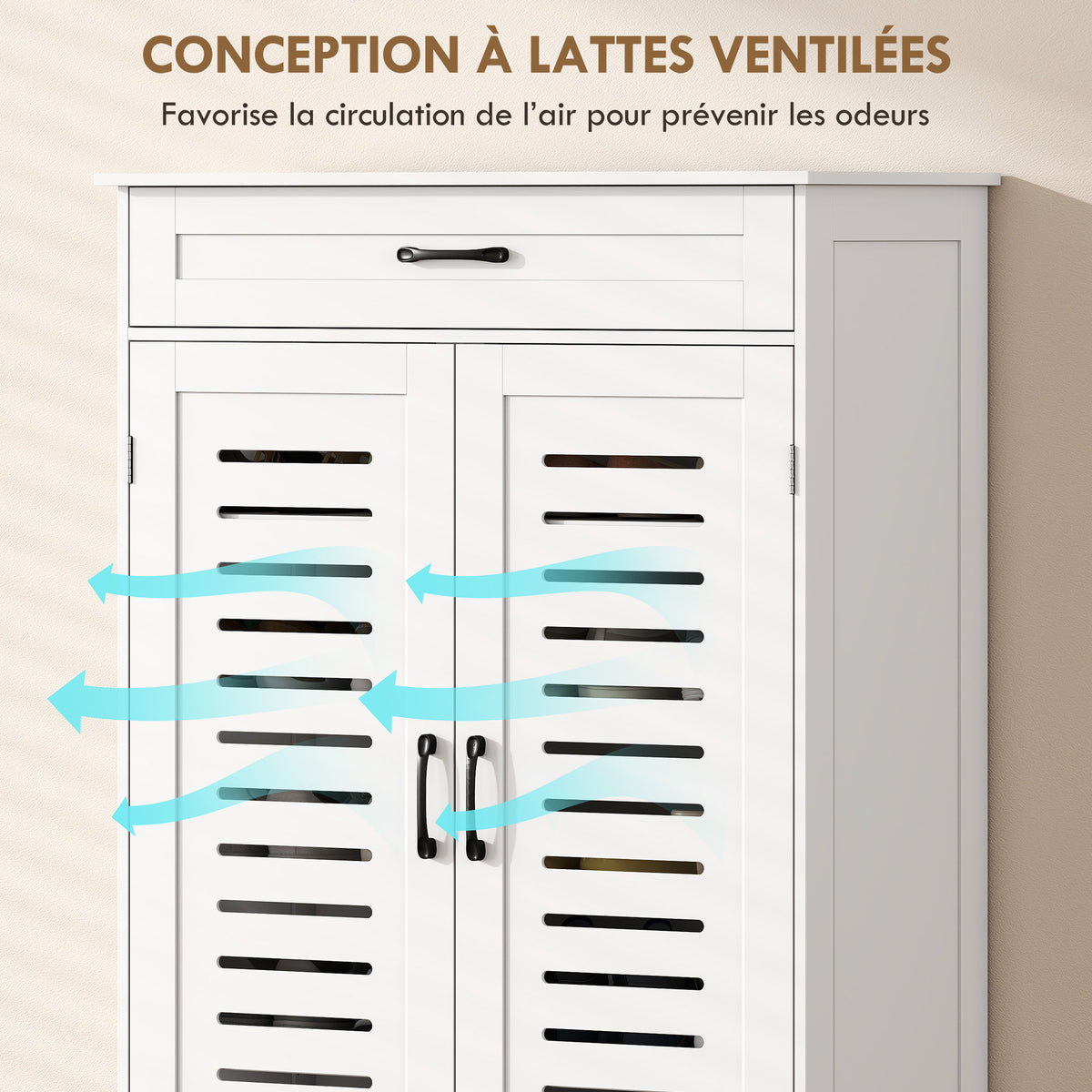 Meuble à chaussures 20 paires, armoire à chaussures avec 2 portes persiennes, tiroir et étagères réglables, blanc-5
