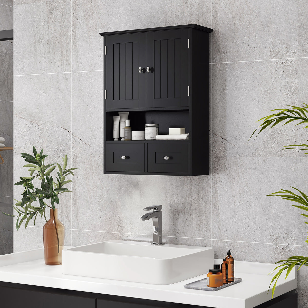Armoire murale de salle de bain, armoire de toilette, avec portes, étagère, 2 tiroirs, 50,8l x 17,8P x 66H cm, noir-1