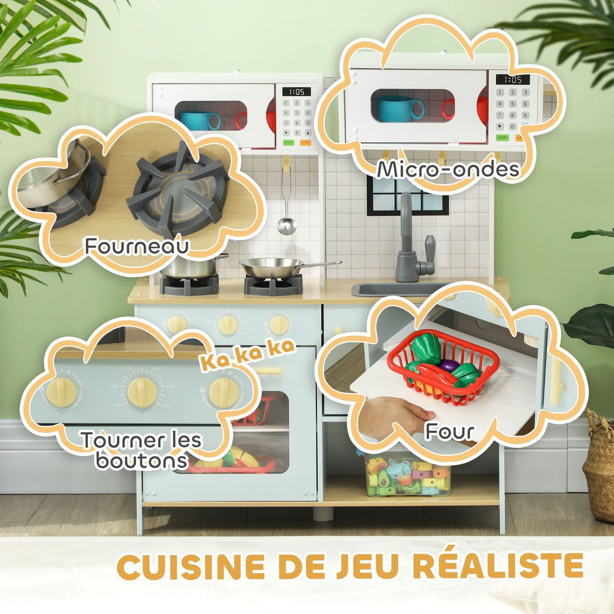 Cuisine enfant cuisine en bois enfant avec micro-ondes cuisinière pour enfants 3+ ans 72 x 33 x 85,2 cm bleu-3
