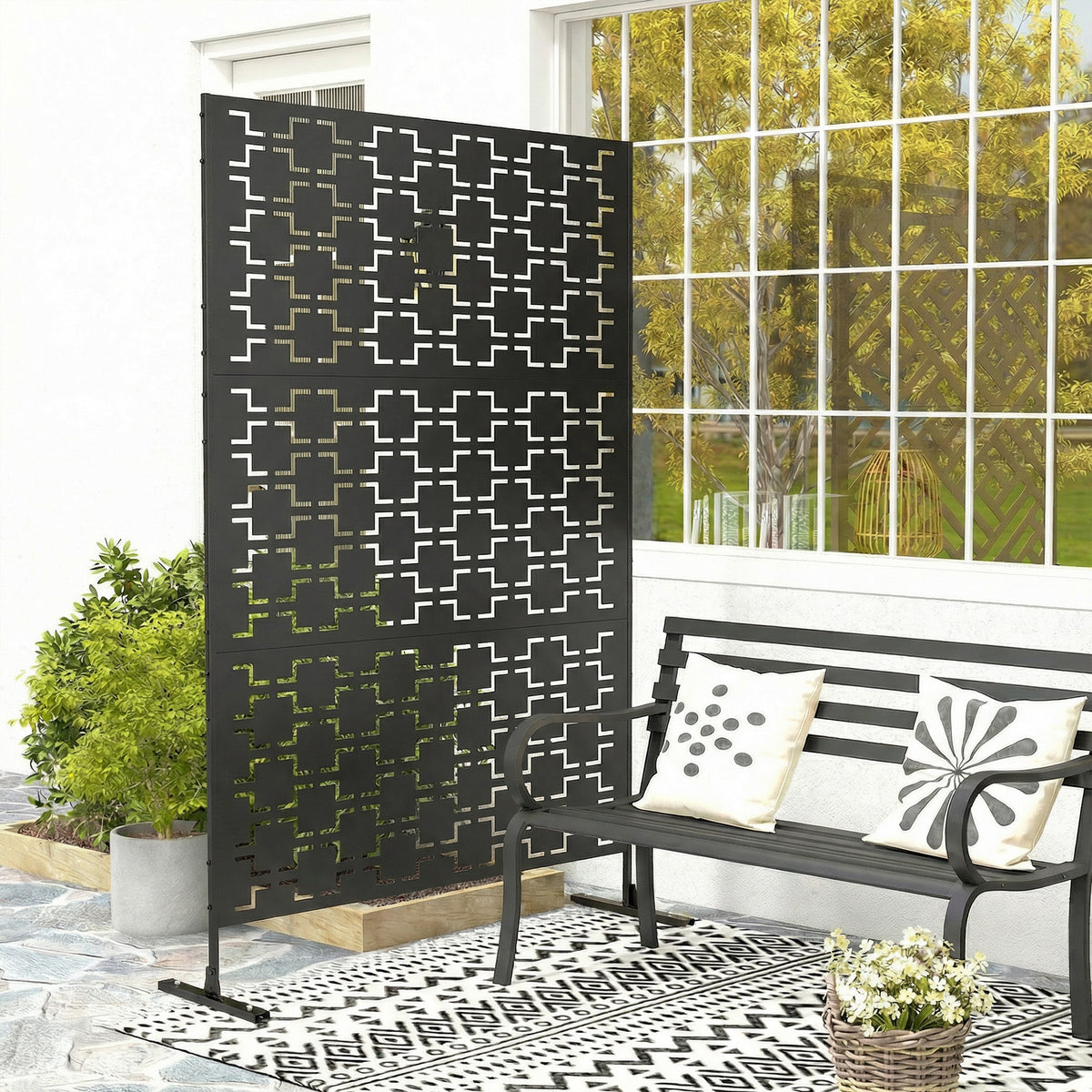 Panneau brise vue décoratif paravent extérieur à motif géométrique ajouré en métal - 122 x 45 x 198 cm, noir-7