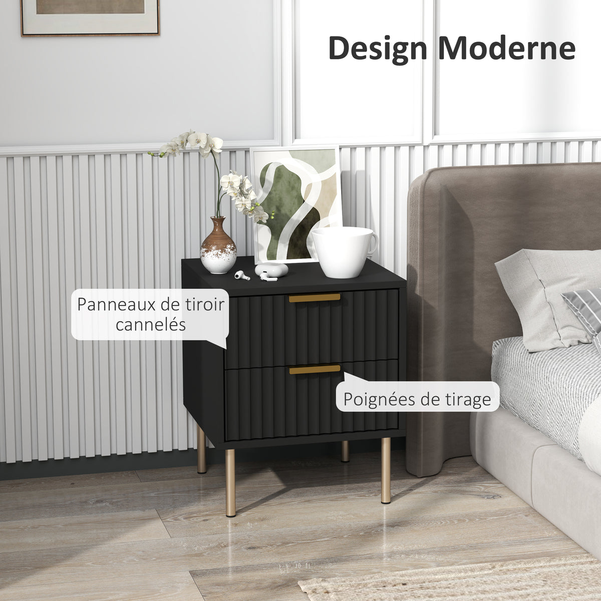 Table de chevet, table de nuit cannelée avec 2 tiroirs et pieds en acier, pour chambre à coucher, salon, noir-3