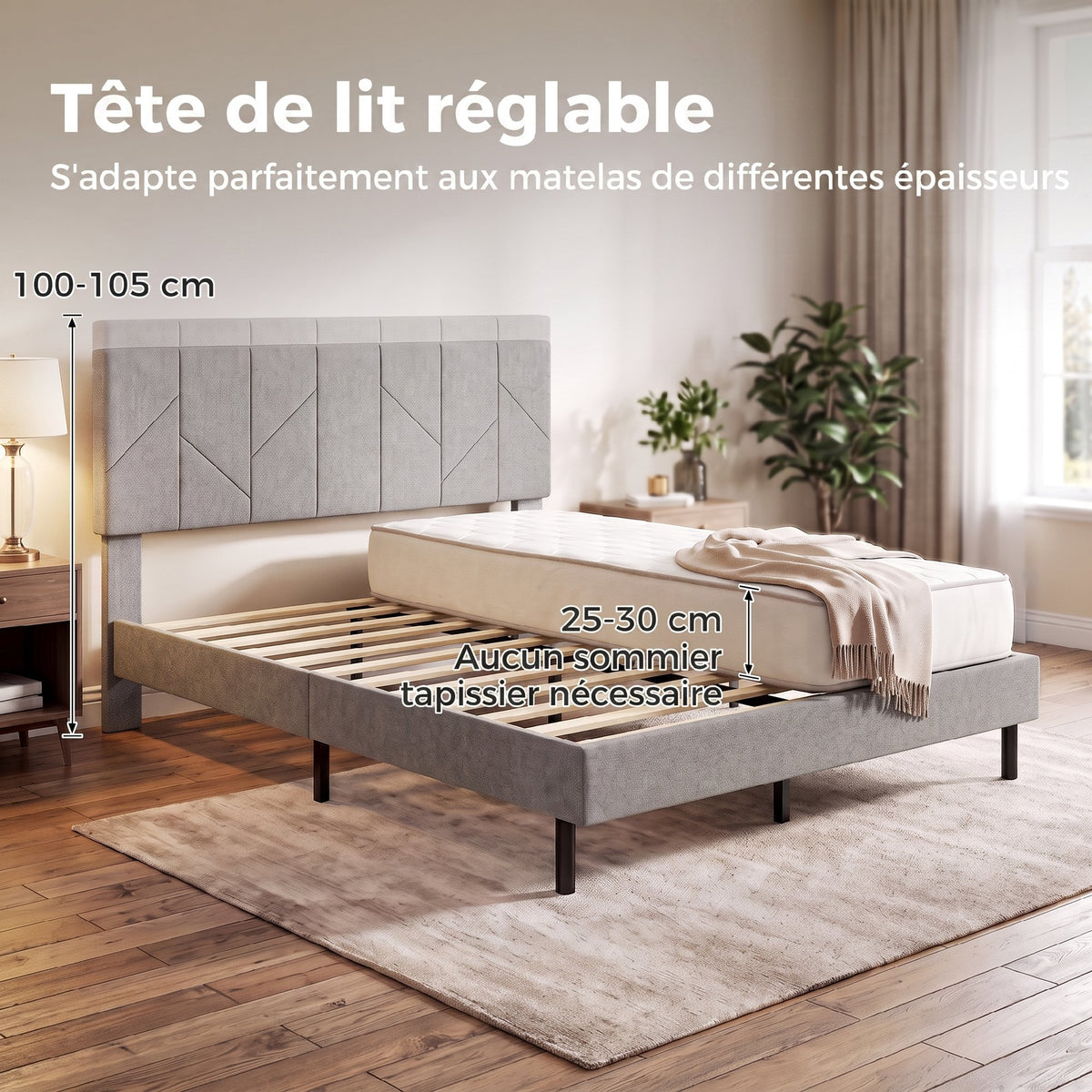 Cadre de Lit 140 x 190 cm avec Sommier et Tête Réglable, Lit Double Rembourré en Lin, Rangement au-dessous, Gris-3