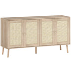 Buffet salon meuble de rangement placards à portes en cannage et étagère réglable 140 x 40 x 75 cm effet bois naturel-0