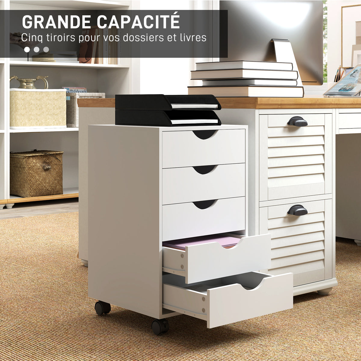 Caisson bureau mobile, meuble rangement sur roulettes avec 5 tiroirs, bois, 40 x 40 x 68,5 cm, blanc-3
