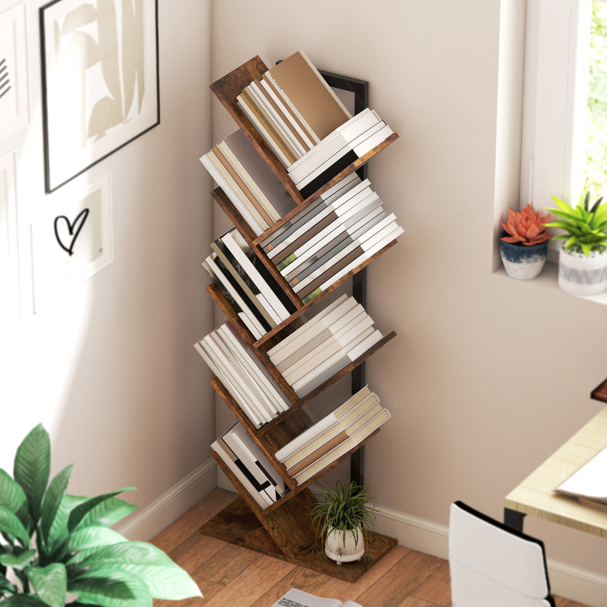 Bibliothèque Arbre à 9 Niveaux, Meuble de Rangement Industriel avec Cadre en Acier, 50x24x136cm, Brun Rustique-6