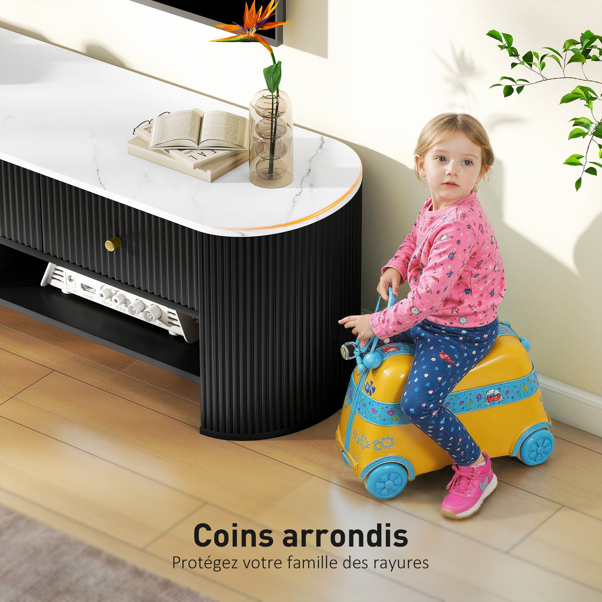 Meuble TV 140 cm, meuble télé pour téléviseur 65 pouces effet marbre avec 3 tiroirs façades à cannelures 2 étagères noir-6