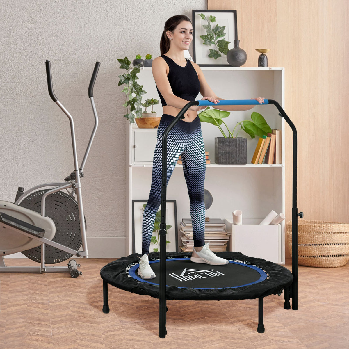Trampoline de fitness gymnastique avec poignée réglable, pliable, 6 pieds, 28 ressorts Ø 102 cm, noir bleu-1