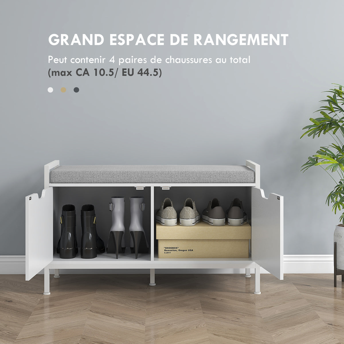 Banc meuble à chaussures, 2 placards, meuble d'entrée avec coussin rembourrée, 84l x 35P x 50H cm, blanc-3