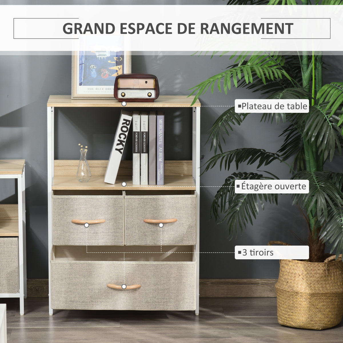 Commode meuble de rangement avec 3 tiroirs tissus, étagère et plateau supérieur, 58L x 29P x 81,5H cm-3