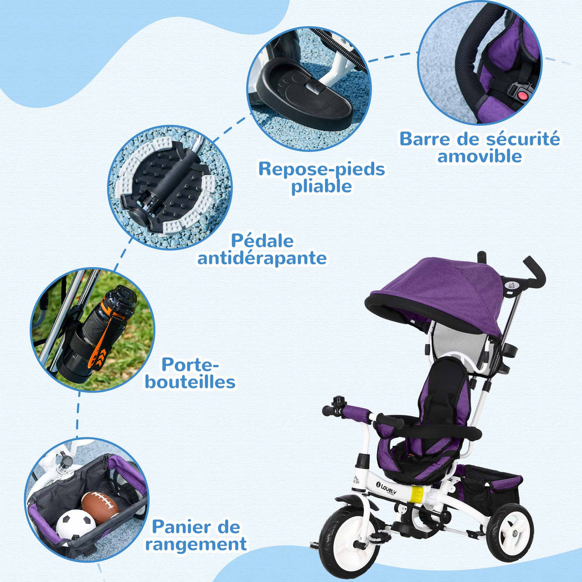 Tricycle enfant évolutif pare-soleil pliable canne télescopique amovible 95 x 50 x 106 cm acier violet blanc-5